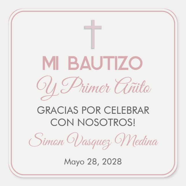 Adesivo Quadrado Batismo minimalista simples e primeiro aniversário (Frente)