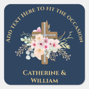 Adesivo Quadrado Batismo Personalizado e Cruz Floral de Natal