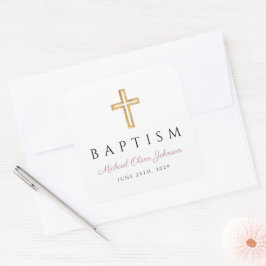 Adesivo Quadrado Batismo Religioso de Escrita Rosa Elegante