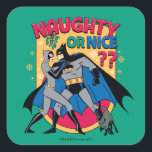 Adesivo Quadrado Batman | Catwoman Under Mistletoe Naughty Or Nice<br><div class="desc">Batman captures Catwoman,  though she has backed up to stand under the mistletoe. The words "Naughty or Nice" are written over head and her cat Isis rubs against Batman's leg.</div>
