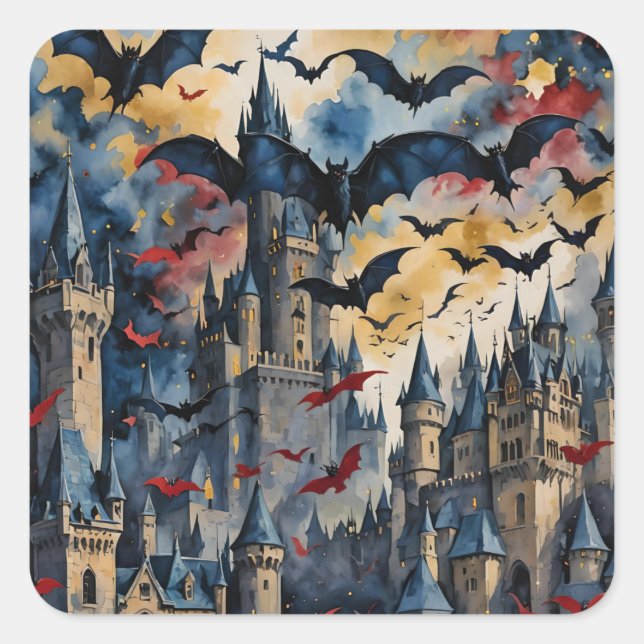 Adesivo Quadrado Bats and Castles Halloween (Frente)