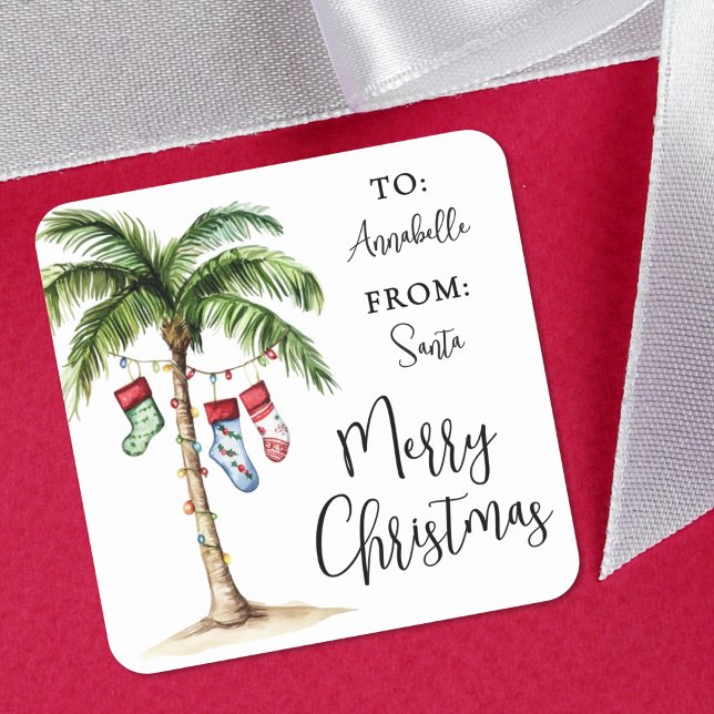 Adesivo Quadrado Beach Christmas Gift Tag Sticker (Palm Tree Tropical Christmas Gift Tag Sticker)