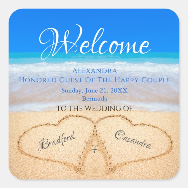 Adesivo Quadrado Beach Wedding Hearts in Sand Welcome Keepsaket (Frente)