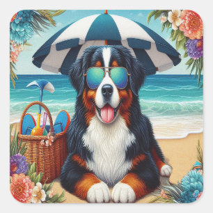 Adesivo Quadrado Beachside Bernese Bliss: Cachorro Legal com óculos
