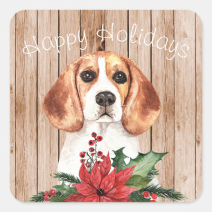 Adesivo Quadrado Beagle aquarela e Buquê de Natal personalizáveis