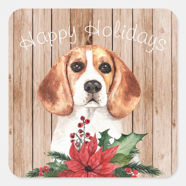 Adesivo Quadrado Beagle aquarela e Buquê de Natal personalizáveis (Frente)