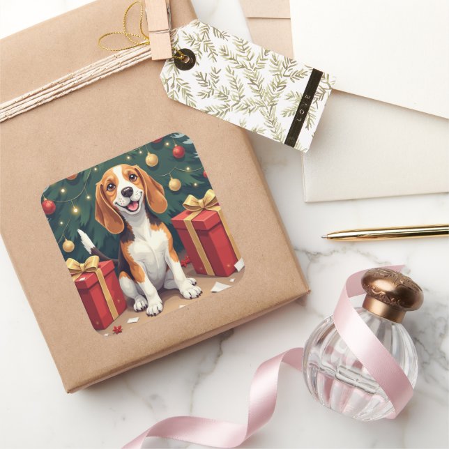 Adesivo Quadrado Beagle Christmas Morning Gift-Unboxing Painting (Presentear)