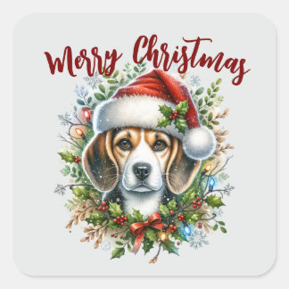 Adesivo Quadrado Beagle de Natal Estilo Fazenda Rústica de Natal