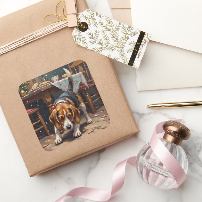 Adesivo Quadrado Beagle Dog Tracking Gingerbread Christmas Fun Art (Presentear)
