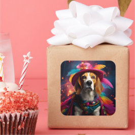 Adesivo Quadrado Beagle em um chapéu de penas