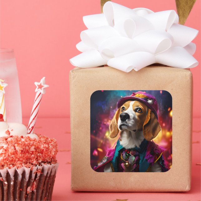 Adesivo Quadrado Beagle em um chapéu rosa (Festa)