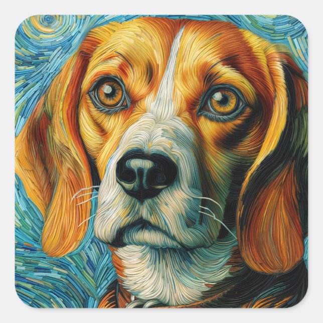 Adesivo Quadrado Beagle Estilo Van Gogh (Frente)