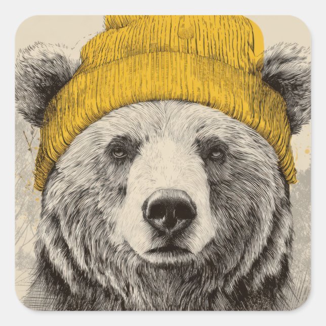 Adesivo Quadrado Bear in Yellow Beanie Rustic Woodland Animal  (Frente)
