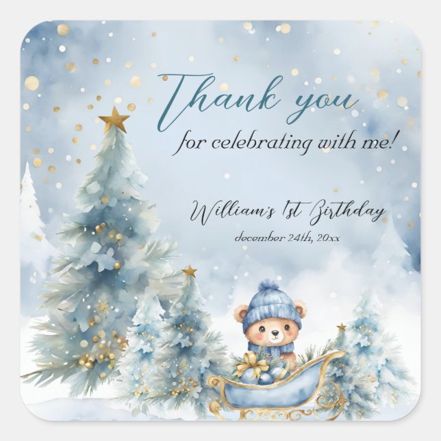 Adesivo Quadrado Bear Natal Um Primeiro Aniversário Inverno (Frente)