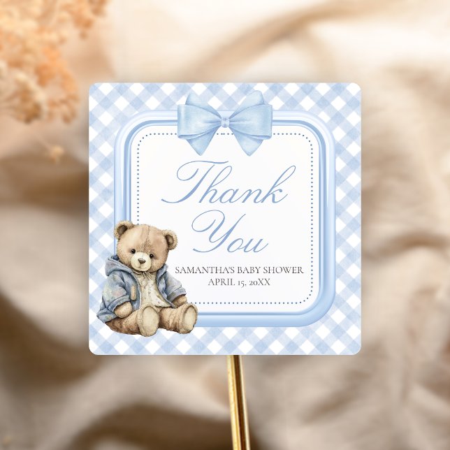 Adesivo Quadrado Bearly Wait Elegant Bear Baby Shower (Blue Bear Baby Shower Sticker)