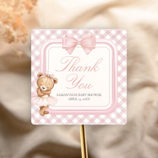 Adesivo Quadrado Bearly Wait Elegant Bear Baby Shower (Pink Bear Baby Shower Sticker)