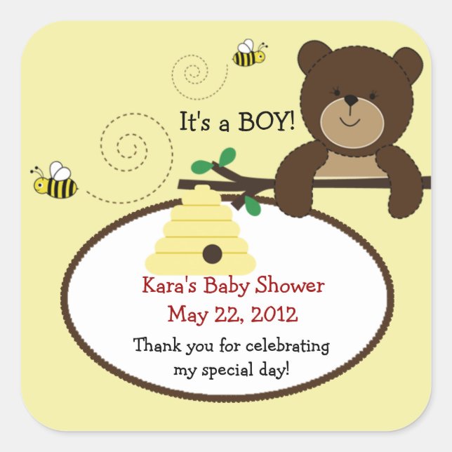 Adesivo Quadrado Beary Sweet Bear & Bee SQUARE Favor Sticker (Frente)