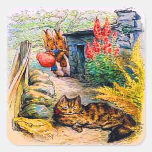 Adesivo Quadrado Beatrix Potter - Bunnies assistindo o gato