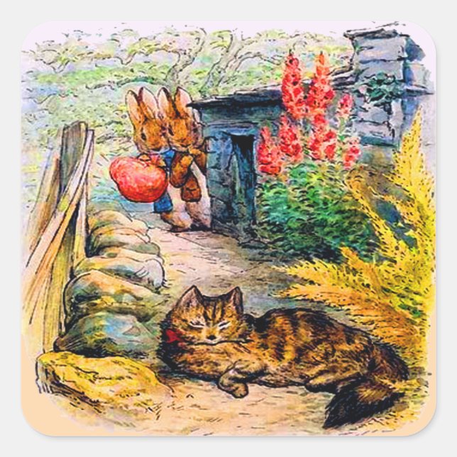 Adesivo Quadrado Beatrix Potter - Bunnies assistindo o gato (Frente)