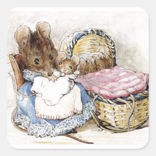 Adesivo Quadrado Beatrix Potter, Rato-Mãe, Hunca Munca, Personaliz