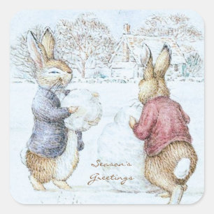 Adesivo Quadrado Beatrix Potter Snowman e Bunnies Holiday