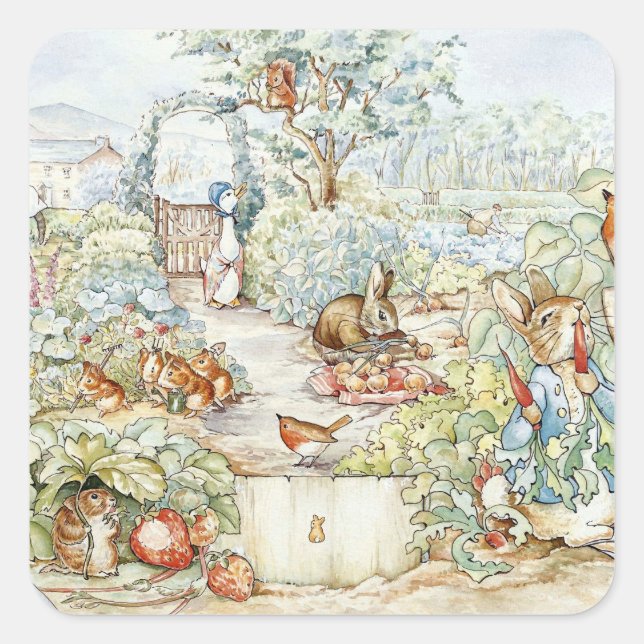 Adesivo Quadrado Beatrix Potter Storybook Characters Garden (Frente)