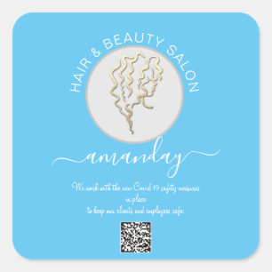 Adesivo Quadrado Beauon Salon Hair Covid Reabra Logo Hair QR Blue