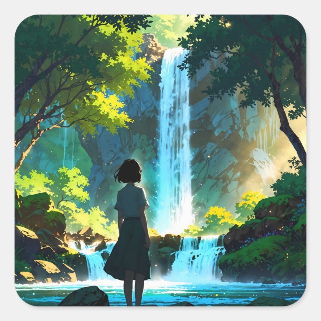 Adesivo Quadrado Beautiful Anime Waterfall Illustration (Frente)