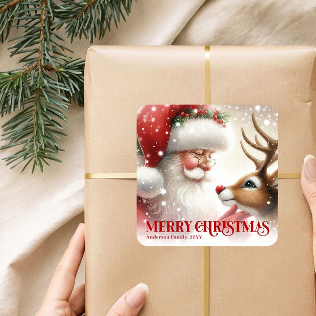 Adesivo Quadrado Beautiful Personalized Santa and Rudolph Holiday   (Beautiful Personalized Santa and Rudolph Holiday Sticker)