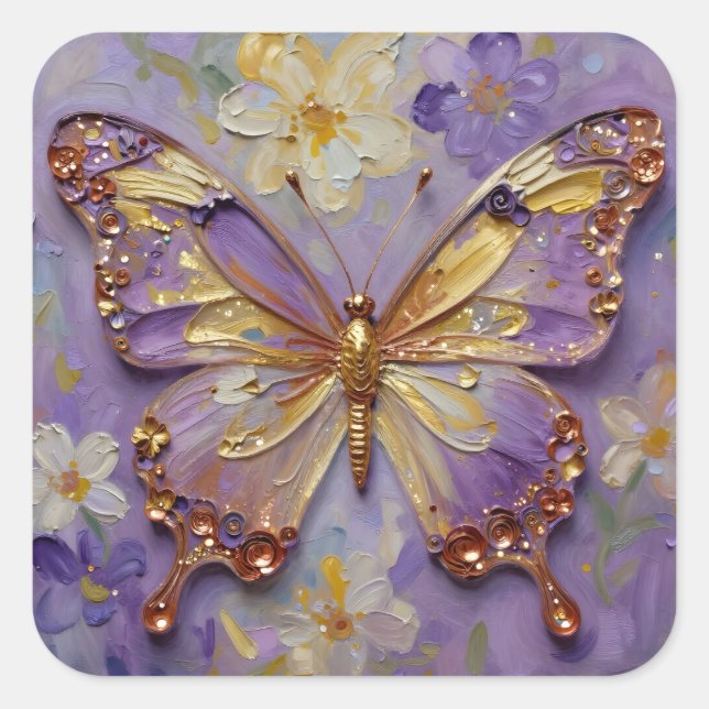 Adesivo Quadrado Beautiful Purple Butterfly and Flowers (Frente)
