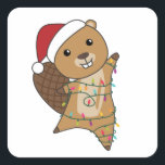 Adesivo Quadrado Beaver Cheerful Christmas Winter Animals Beavers<br><div class="desc">The beaver at Christmas with fairy lights. Funny animals with gifts and snow for the holidays. Also funny for Christmas in July. Beavers are cute animals and perfect for Christmas.</div>
