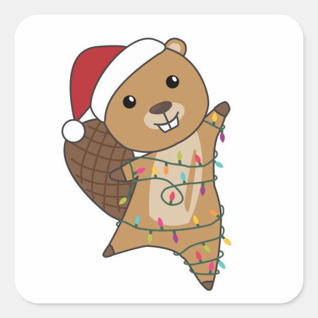 Adesivo Quadrado Beaver Cheerful Christmas Winter Animals Beavers (Frente)