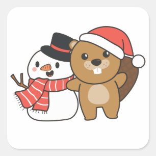 Adesivo Quadrado Beaver Com Neve No Inverno Na Praça De Natal