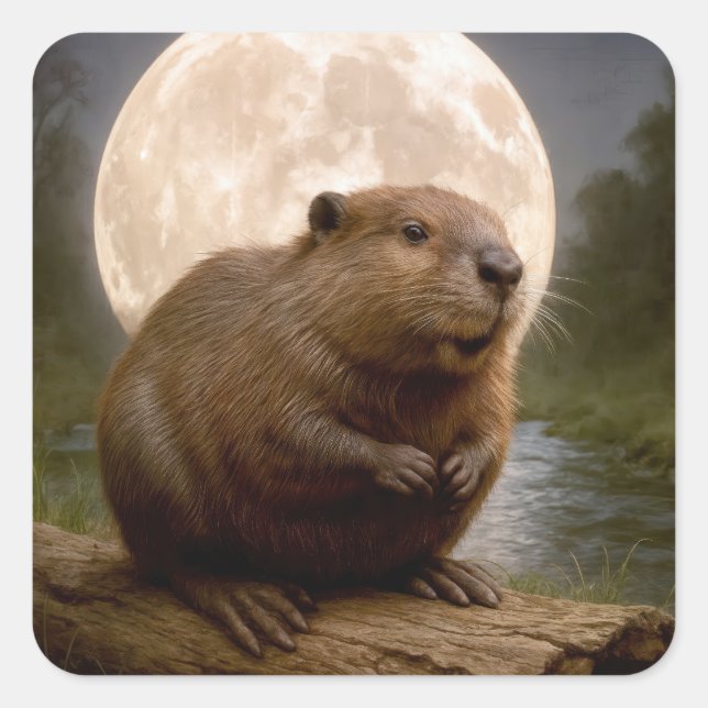 Adesivo Quadrado Beaver On a Log With Full Moon (Frente)