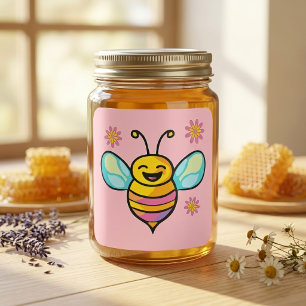 Adesivo Quadrado Bebê Abelha Kawaii Sorridente Feliz com Flores Fof