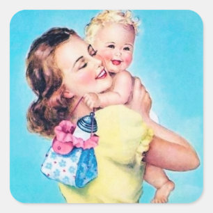 Adesivo Quadrado bebê bonitinho Mãe retro vintage Sticker Quadrad