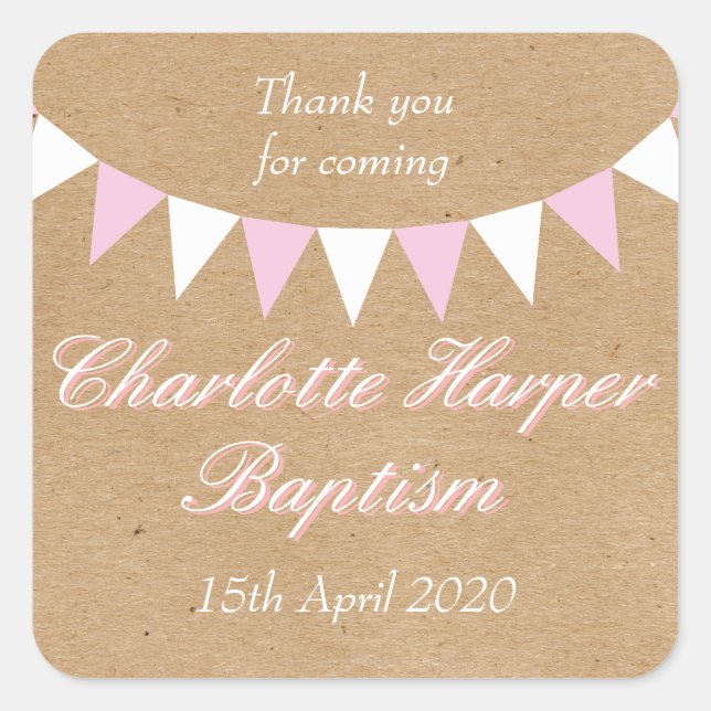 Adesivo Quadrado Bebê Bunting Pink Baptism Christening Favor (Frente)