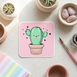 Adesivo Quadrado Bebê Cactus Kawaii sorridente em vaso com estrelas