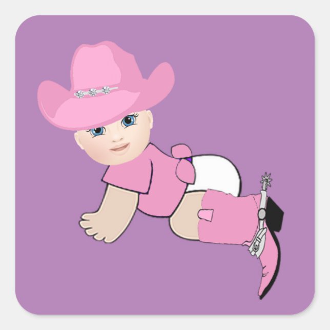 Adesivo Quadrado Bebê Cowgirl com chapéu rosa e botas (Frente)