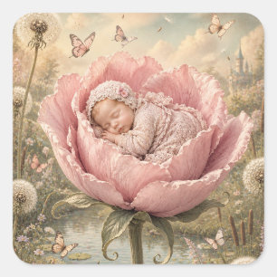 Adesivo Quadrado Bebê dormindo em flor rosa