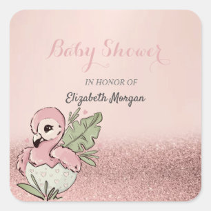 Adesivo Quadrado Bebê Flamingo Fofo Brilho Dourado Rosa