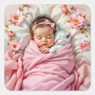 Adesivo Quadrado Bebê Floral Rosa e Gatinho Branco
