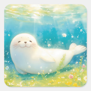 Adesivo Quadrado Bebê Foca Sorridente em Jardim Subaquático Floral