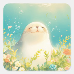 Adesivo Quadrado Bebê Foca Sorrindo em Prado Subaquático Floral