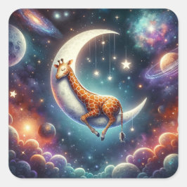 Adesivo Quadrado Bebê Girafa Celestial Dormindo sobre a Lua e as Es