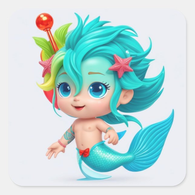 Adesivo Quadrado Bebê Merman Fofo (Frente)