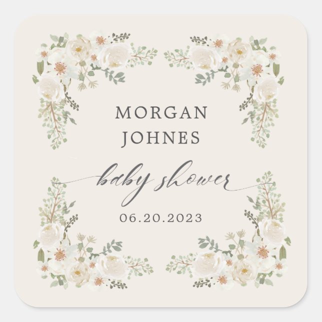 Adesivo Quadrado bebê no chá de fraldas floral de marfim floral (Frente)
