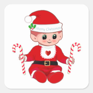 Adesivo Quadrado Bebê Papai Noel Natal Fofo & Bengalas de Natal