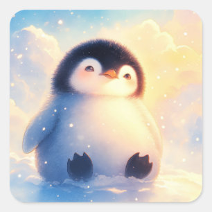 Adesivo Quadrado Bebê Pinguim Fofo Sentado na Suave Neve de Inverno