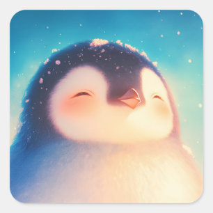 Adesivo Quadrado Bebê Pinguim Fofo Sorridente sob o Céu Azul Ensola